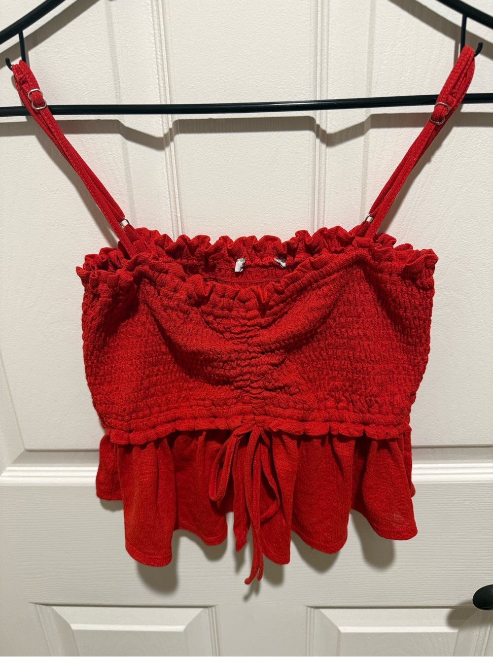 Red Cami Top Ruffle Ruched Woman’s Babydoll Drawstring Crop Tank XS/S Read